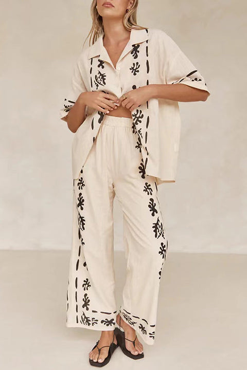 Mixiedress Cotton Linen Short Sleeves Button Down Shirt Elastic Waist Wide Leg Pants Printed Set