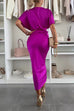 Mixiedress V Neck Twist Front Waisted Satin Midi Dress
