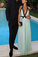 Mixiedress Deep V Neck Halter Backless Color Block Bow Maxi Dress