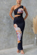 Mixiedress One Shoulder Cut Out Lace Splice Floral Maxi Bodycon Dress