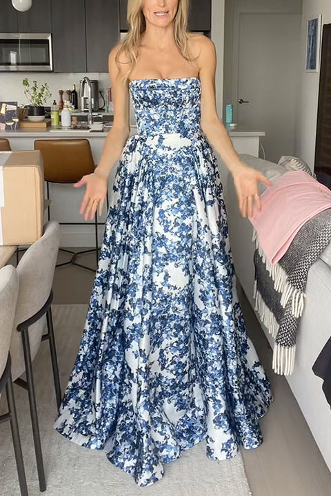 Mixiedress Strapless Back Lace-up Print Maxi Party Dress