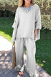 Mixiedress Cotton Linen 3/4 Sleeves Pullover Top Wide Leg Ruffle Hem Pants Set