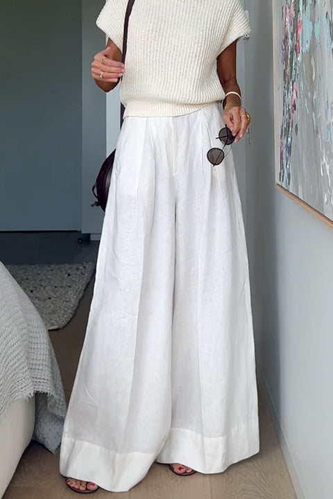 Mixiedress Casual Pocketed Cotton Linen Wide Leg Palazzo Pants