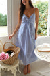 Mixiedress V Neck Lace-up Striped Midi Cami Dress