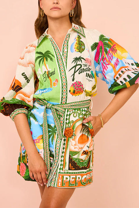 Mixiedress Lantern Sleeves Tie Waist Cotton Linen Resort Print Shirt Dress