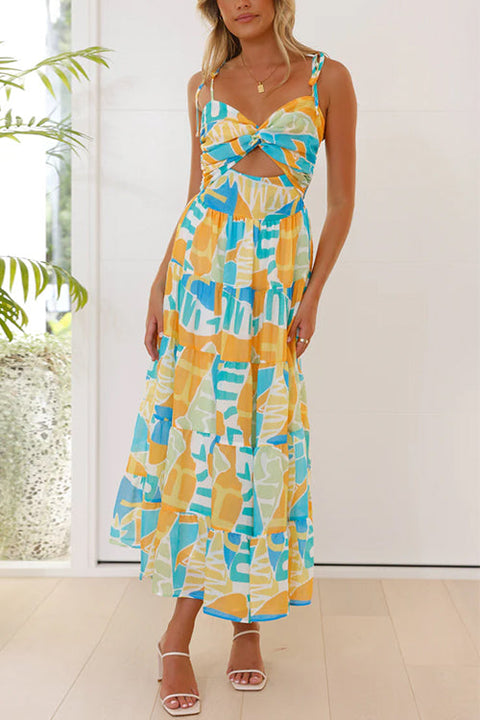 Mixiedress Twist Front Cut Out Printed Midi Cami Dress