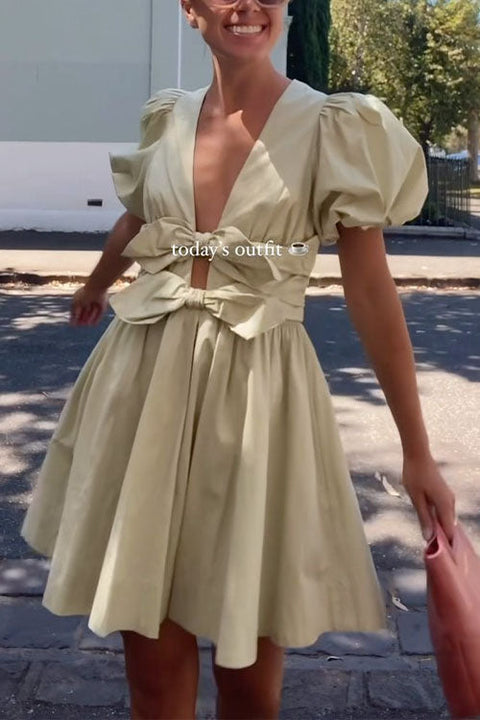 Mixiedress Deep V Neck Puff Sleeves Bow Knot Swing Dress