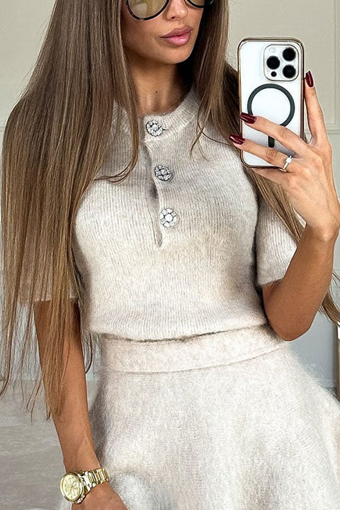 Mixiedress Crewneck Short Sleeves Button Up Sweater