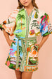 Mixiedress Lantern Sleeves Tie Waist Cotton Linen Resort Print Shirt Dress