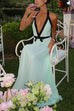 Mixiedress Deep V Neck Halter Backless Color Block Bow Maxi Dress
