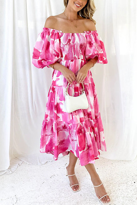 Mixiedress Off Shoulder Puff Sleeves Ruffle Tiered Printed Midi Dress