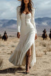 Mixiedress U Neck Buttop Up Long Sleeves Ruffle Slit Maxi Dress