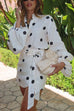 Mixiedress Polka Dot Balloon Long Sleeves Shirt and Tie Waist Wrap Mini Skirt Set