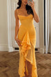 Mixiedress Spaghetti Strap Frill Trim Draped Slit Maxi Dress