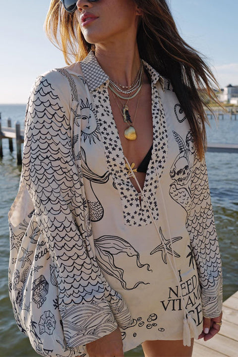 Mixiedress Collared V Neck Shirt and Side Slit Shorts Vitamin Sea Print Set