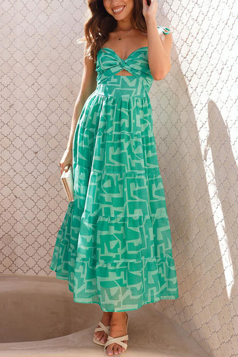 Mixiedress Tie Shoulder Twist Front Printed Midi Cami Dress