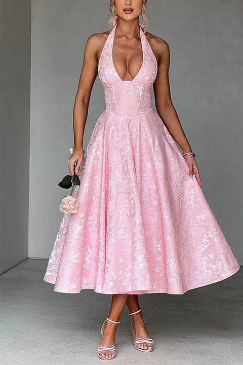 Mixiedress Halter V Neck Waisted Jacquard Swing Midi Party Dress