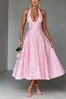 Mixiedress Halter V Neck Waisted Jacquard Swing Midi Party Dress