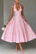 Mixiedress Halter V Neck Waisted Jacquard Swing Midi Party Dress