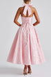 Mixiedress Halter V Neck Waisted Jacquard Swing Midi Party Dress