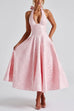 Mixiedress Halter V Neck Waisted Jacquard Swing Midi Party Dress