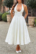 Mixiedress Halter V Neck Waisted Jacquard Swing Midi Party Dress