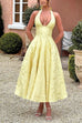 Mixiedress Halter V Neck Waisted Jacquard Swing Midi Party Dress