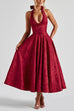 Mixiedress Halter V Neck Waisted Jacquard Swing Midi Party Dress