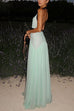 Mixiedress Deep V Neck Halter Backless Color Block Bow Maxi Dress