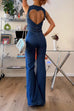Mixiedress Zip Up Sleeveless Heart Back Bell Bottom Denim Jumpsuit
