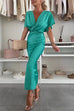 Mixiedress V Neck Twist Front Waisted Satin Midi Dress