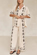 Mixiedress Cotton Linen Short Sleeves Button Down Shirt Elastic Waist Wide Leg Pants Printed Set