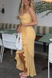 Mixiedress Spaghetti Strap Frill Trim Draped Slit Maxi Dress