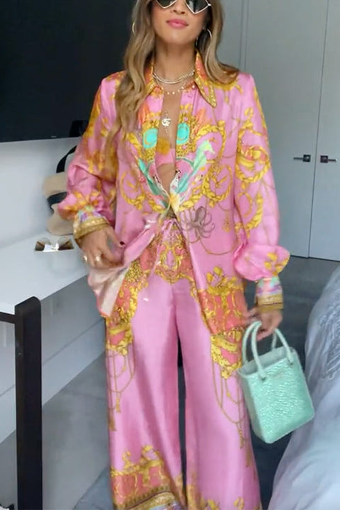 Mixiedress Unique Print Lantern Long Sleeves Blouse Shirt and Wide Leg Pants Holiday Outfit Set