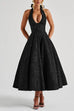 Mixiedress Halter V Neck Waisted Jacquard Swing Midi Party Dress