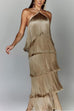 Mixiedress Chicest Halter Ruffle Layered Fringe Maxi Party Dress