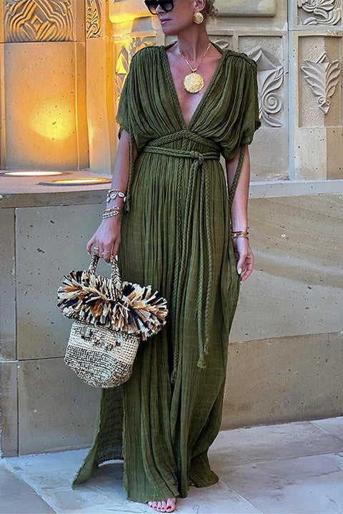 Mixiedress Deep V Neck Tie Waist Side Slit Maxi Vacation Dress
