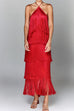 Mixiedress Chicest Halter Ruffle Layered Fringe Maxi Party Dress