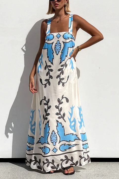 Mixiedress Square Neck Tie Knot Backless Printed Maxi Cami Dress