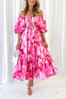 Mixiedress Off Shoulder Puff Sleeves Ruffle Tiered Printed Midi Dress