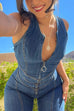 Mixiedress Zip Up Sleeveless Heart Back Bell Bottom Denim Jumpsuit