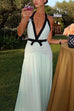 Mixiedress Deep V Neck Halter Backless Color Block Bow Maxi Dress