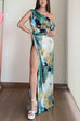 Asymmetric Shoulder Twist High Slit Printed Maxi Dress