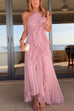 Mixiedress Strappy Halter Neck Ruffle Trim Asymmetric Hem Pleated Maxi Dress