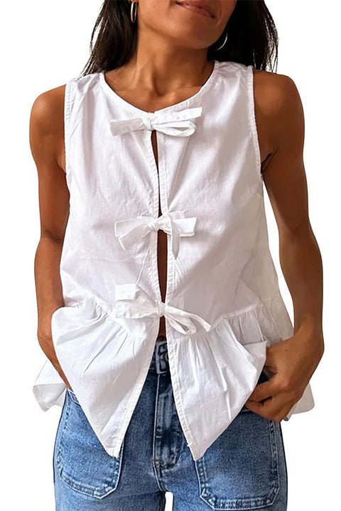 Mixiedress Bow Front Sleeveless Cotton Linen Ruffle Top(in 6 Colors)