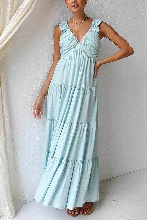 Mixiedress V Neck Ruffle Trim Tiered Sleeveless Linen Maxi Dress