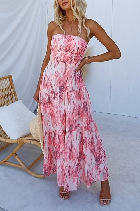 Strapless Open Back Tiered Printed Maxi Dress