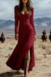 Mixiedress U Neck Buttop Up Long Sleeves Ruffle Slit Maxi Dress