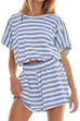 Mixiedress Striped Short Sleeves Crop Top and Elastic Waist Pocketed Shorts Set