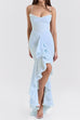 Mixiedress Spaghetti Strap Frill Trim Draped Slit Maxi Dress